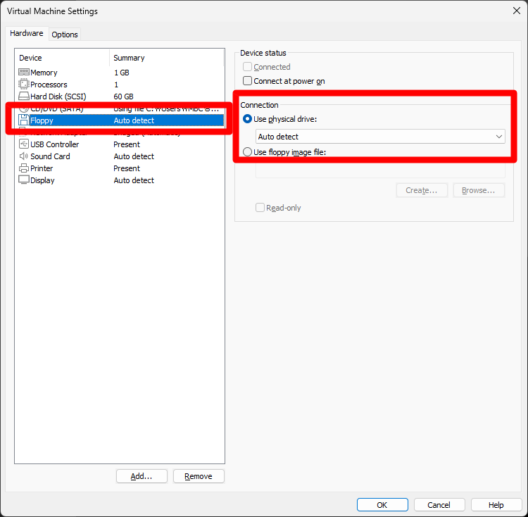 vmware 플로피 모드 설정